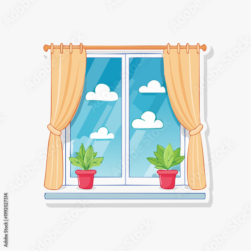Window with curtains and potted plants