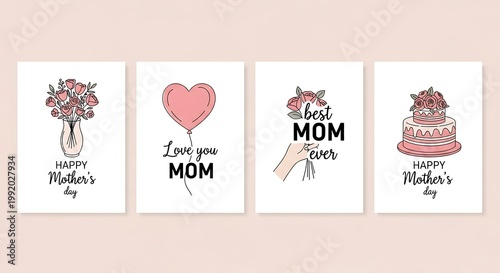 Mother's Day greeting card set with pink floral illustrations, hand drawn holiday postcards with heart balloon and cake, 4 elegant Mother's Day designs