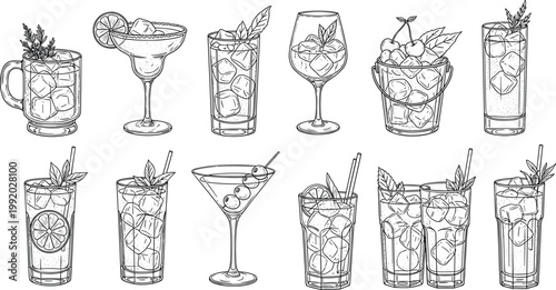 Detailed black silhouette illustration of cocktail glasses with ice and garnishes, mixology drinkware collection, artistic minimalist beverage design