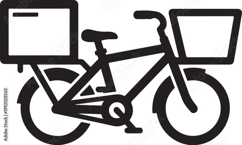 Black bicycle icon with baskets, delivery bike symbol, courier cycle sign, transportation logo