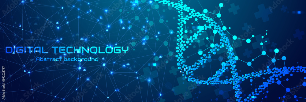 Obraz premium Futuristic digital DNA double helix with medical cross icons and molecular network on blue technology background, biotech healthcare concept banner