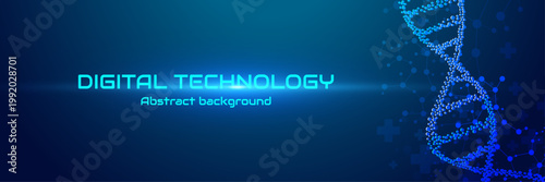 Digital Technology DNA Helix Background – Futuristic Medical Science Network Banner with Blue Abstract Data Tech Design for Healthcare