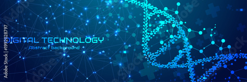 Futuristic digital DNA double helix with medical cross icons and molecular network on blue technology background, biotech healthcare concept banner