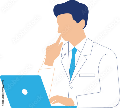 Man in blue cap and white shirt using laptop on blue background