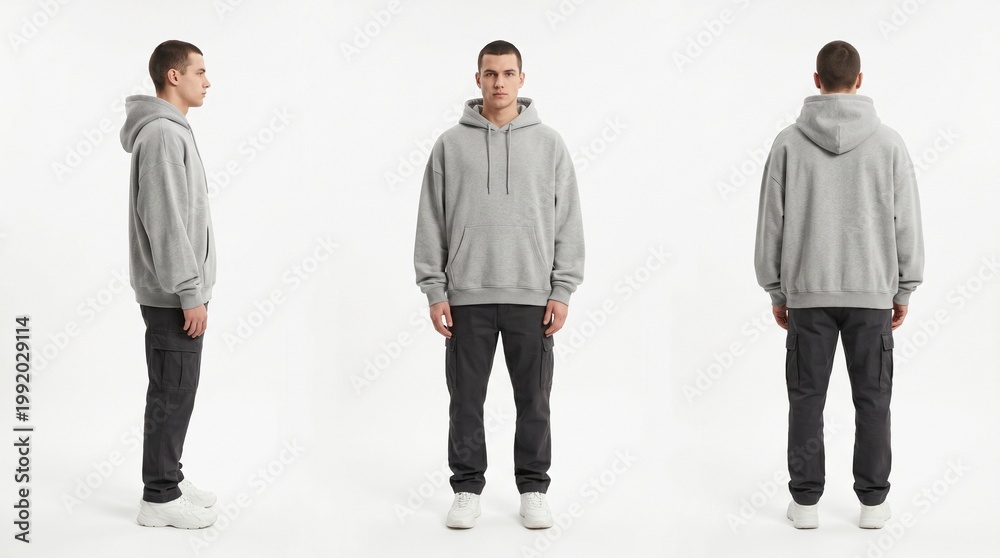 Obraz premium Man Posing in Gray Hoodie and Cargo Pants on a White Background 3d Render
