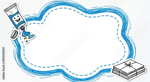 A playful, hand-drawn vector background featuring a blue cloud-shaped scribble border with dashed inner lines, includes a cute smiling paint tube character