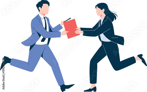 Two business people exchanging red gift box, flat exchange