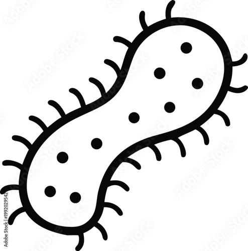 A simple black and white cartoon illustration of a bacteria or virus cell with spikes