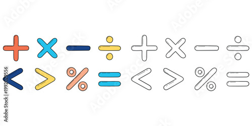 Hand-drawn cartoon and doodle set of math symbols on a white background.