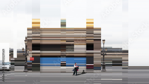 Woman standing near distorted classical building facade created with digital glitch stripes. Concept of cultural transition, modern perception, urban space and fusion of history with technology.
