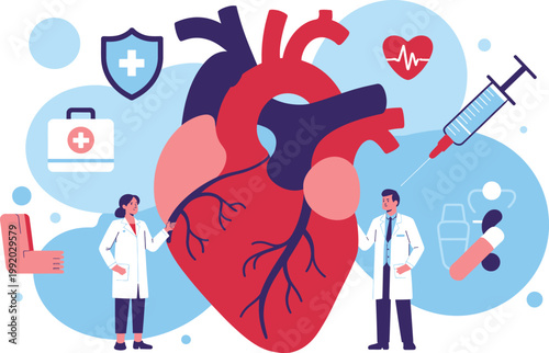 Red heart with heartbeat line, stethoscope, and medical on blue background