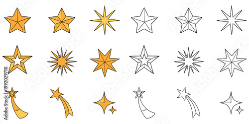 Hand-drawn cartoon and doodle set of stars on a white background.