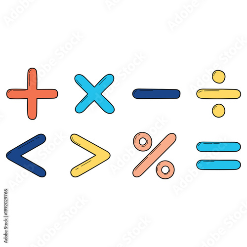 Hand-drawn cartoon set of colored math symbols on a white background.