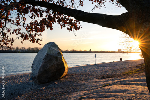 Famous boulder (Alter Schwede) at the beach of the Elbe River in Hamburg