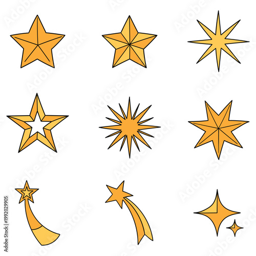 Hand-drawn cartoon set of yellow stars on a white background.