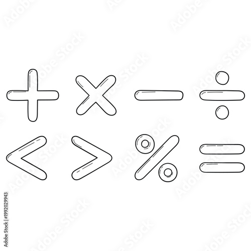 Hand-drawn doodle set of math symbols on a white background.