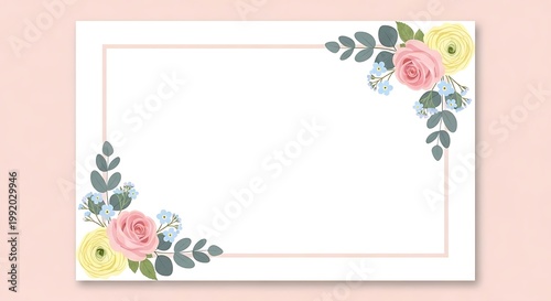 Elegant floral border frame with pink roses and yellow ranunculus, romantic botanical stationery template, pastel flower greeting card background