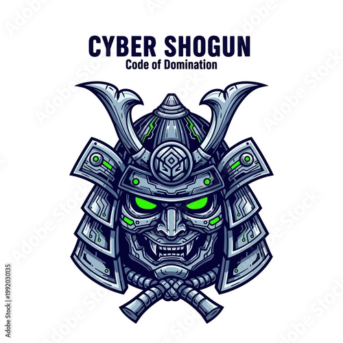 Cyberpunk samurai helmet with green eyes.