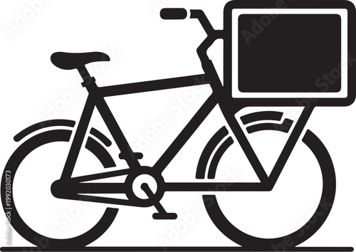 Black bicycle icon with screen, bike messenger delivery symbol, urban cycling vector graphics, modern bike silhouette