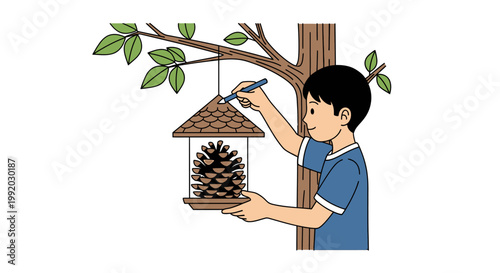 Boy hanging bird feeder outdoors slowly.