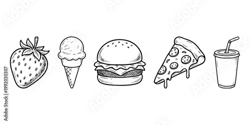 Cute food doodle set, minimal handdrawn doodle set, thin imperfect black line art.