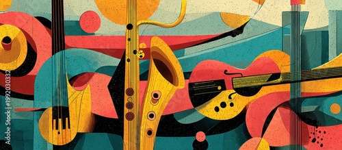 Abstract music scene with instruments and shapes in warm and cool colors