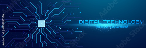 Futuristic microchip with glowing blue circuit board lines on dark digital technology background, abstract data network banner