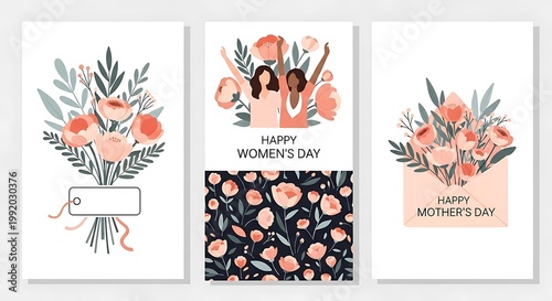 Happy Women's Day greeting card set, floral Mother's Day posters with diverse women, elegant flower bouquet illustrations for spring holidays
