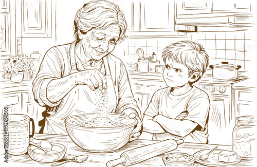 Grandma Cooking With Skeptical Grandson Kitchen