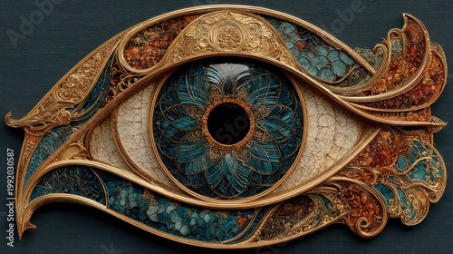 Intricate ornamental eye with teal iris, gold filigree, against dark background