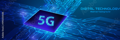 5G network technology chip on glowing blue circuit board, futuristic digital communication and high speed mobile internet abstract background