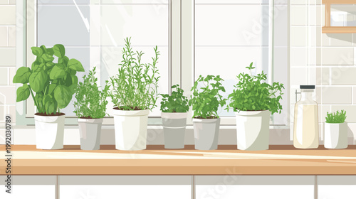 Cartoon illustration of herbs in pots on a wooden counter, next to a window