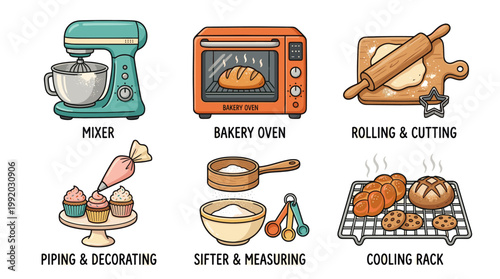 Bakery and cooking icon set with kitchen tools and baking elements in flat illustration style