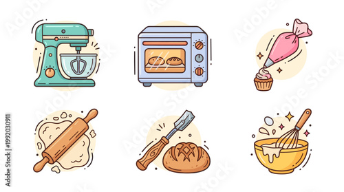 Bakery and cooking icon set with kitchen tools and baking elements in flat illustration style