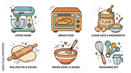 Bakery and cooking icon set with kitchen tools and baking elements in flat illustration style