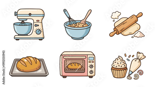 Bakery and cooking icon set with kitchen tools and baking elements in flat illustration style