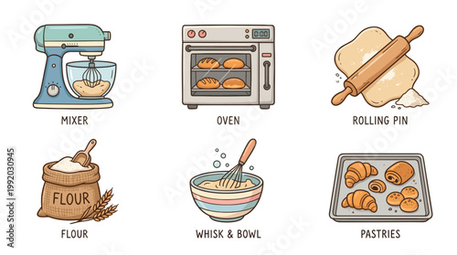 Bakery and cooking icon set with kitchen tools and baking elements in flat illustration style