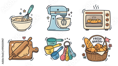 Bakery and cooking icon set with kitchen tools and baking elements in flat illustration style