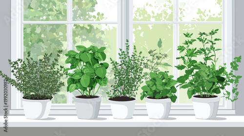 A row of potted herbs on a windowsill with an open window showing green foliage
