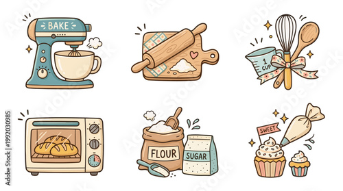 Bakery and cooking icon set with kitchen tools and baking elements in flat illustration style