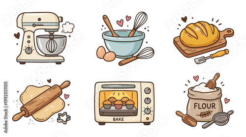 Bakery and cooking icon set with kitchen tools and baking elements in flat illustration style