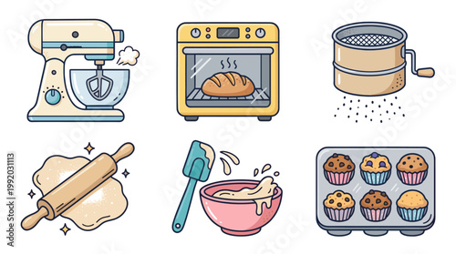 Bakery and cooking icon set with kitchen tools and baking elements in flat illustration style