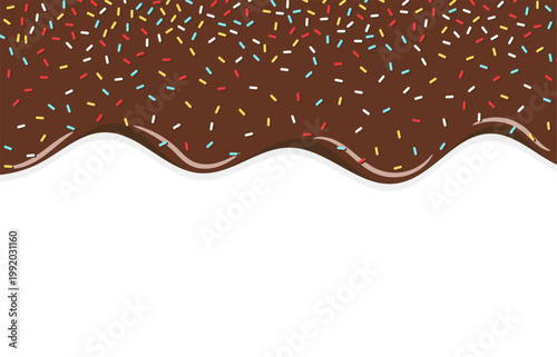 Dripping brown sweet donut glaze vector background, Colorful sprinkles banner background