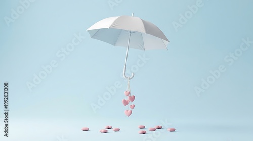 Minimalist white umbrella with pink hearts, romantic 3D illustration on pastel blue background, conceptual love and protection theme