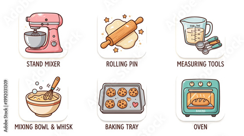 Bakery and cooking icon set with kitchen tools and baking elements in flat illustration style