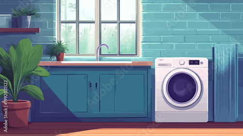 A stylized interior of a laundry space with a washing machine, sink, and decorative plants