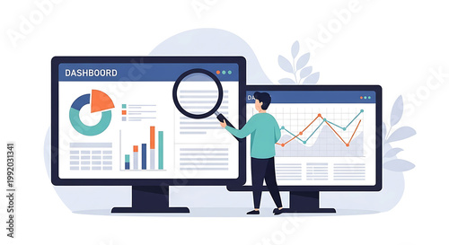 A person is analyzing data on two computer monitors with a magnifying glass.