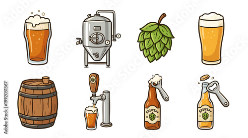 Craft beer brewing icon set with brewery equipment and beverages in flat vector style