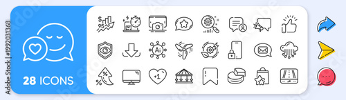 Chat bubble, Messenger and Rise price line icons. Interest rate, AI generate, Inflation icons. Pack of Loyalty points, Phone photo, Search statistics icon. Carousels, Download, Gps pictogram. Vector