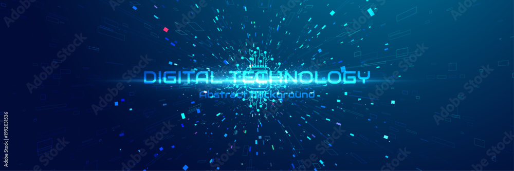 Naklejka premium Digital technology burst background with glowing microchip, data blocks and perspective light speed lines, futuristic network innovation banner